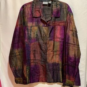 CHICOS BLOUSE PATCHWORK SILK/BEADED SZ 3 MAGENTA